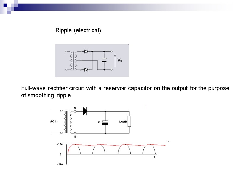 Ripple (electrical) Full-wave rectifier circuit with a reservoir capacitor on the output for the
